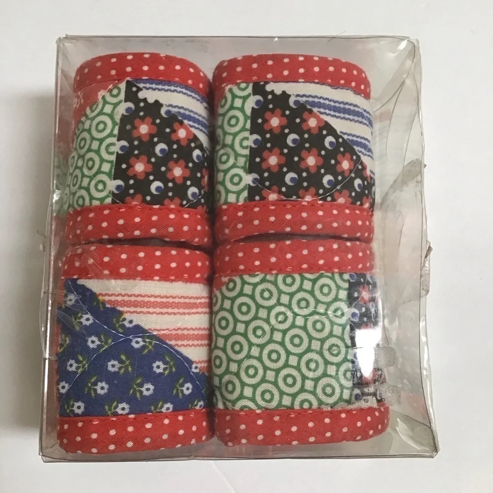 Vintage Calico Fabric Quilted Napkin Rings SET OF 4 Dining Boho Farmhouse NEW